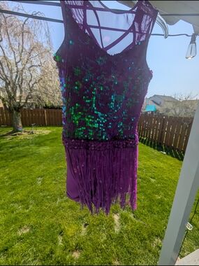 Purple Sequin Fringe Figure Skating Dress With Shorts